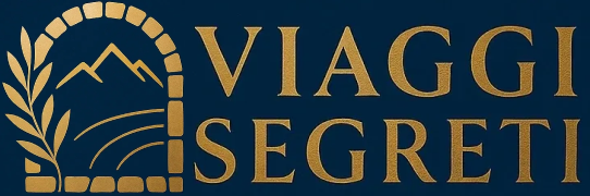 Elegant travel logo with arch and mountains.